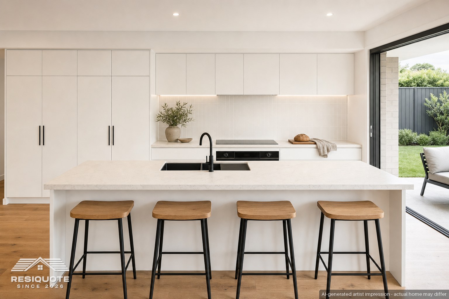 ResiQuote artist impression of a kitchen with light cabinetry, a stone island and timber flooring