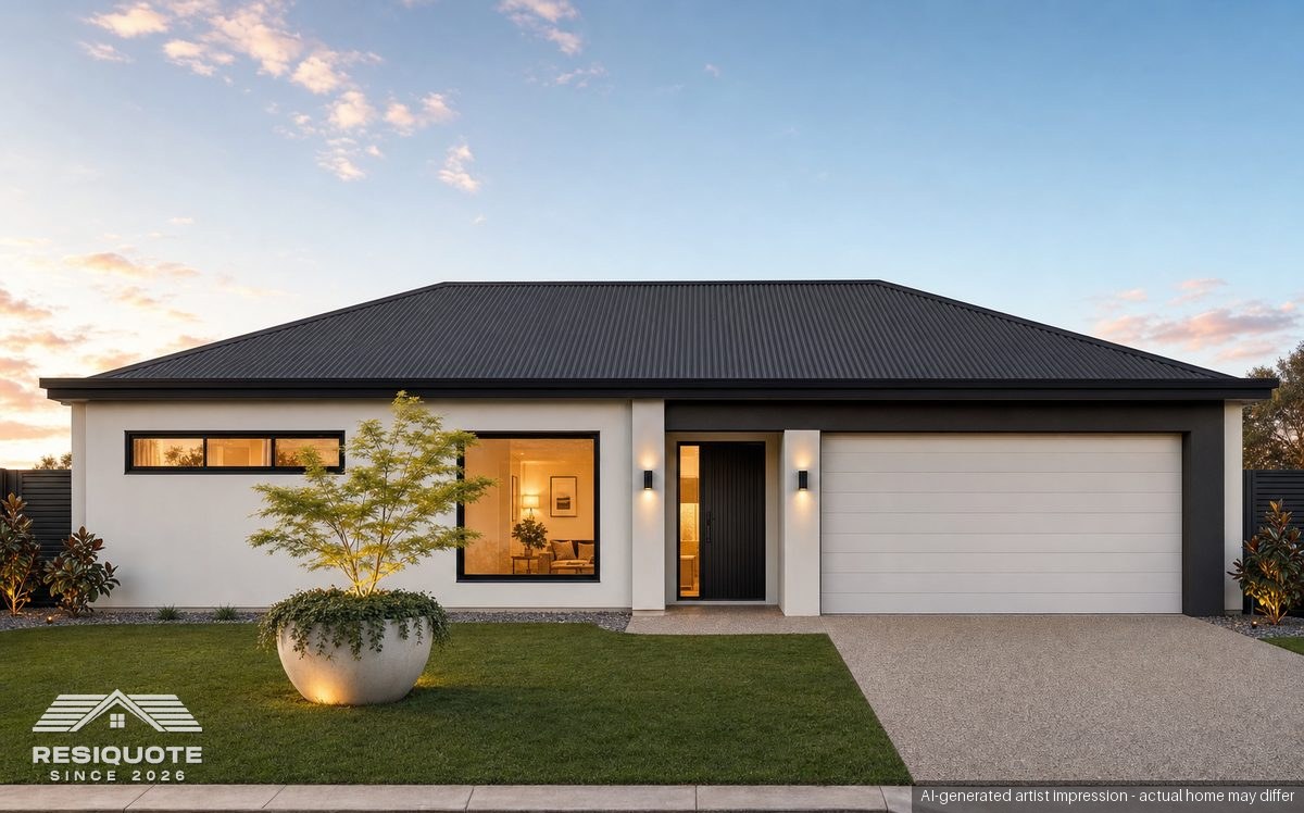 ResiQuote front facade render with a charcoal roof, light render and warm illuminated entry